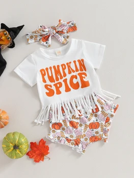 Roztomilé Dieťa Halloween Kostým Nastaviť Tekvica Tlačiť T-Shirt s Strapce Zodpovedajúce Bloomers Šortky - Ideálny pre Strašidelné Jeseň