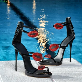 Nové Čierne Stiletto Sandále Letné Kolo Prst Tenké Vysokým Podpätkom Kože Červené Pery Drahokamu Sexy Módne Roman Topánky Pre Ženy