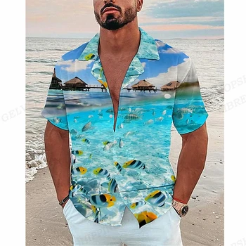 Letné Havajské Košele Morské Scenérie Tlač Košele Muži Fashion Tričko Pláži Bežné Tábor Povolanie, Blúzky, Kuba Blúzky Dovolenku Camisas