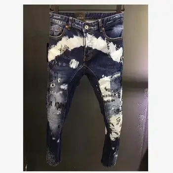 Muži Móda High Street Džínsové Tkaniny Nohavice Bežné Trendy List Tlač Otvor Spray Paint Džínsy A136#