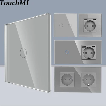TouchMi Dotykové Sklo Prepínač 1/2/3Gang 1Way Wall Light Switch Plus EÚ elektrickú zásuvku s USB Typ-C Rozhrania Modré Podsvietenie 220V