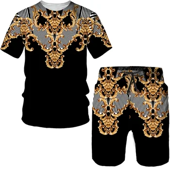 Letné mužov drahé zlaté shirtpantsset v 3D farby vytlačené dva kusy Jogger módne farby muž Streetwear oblečenie