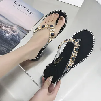 Topánky Žena Jar Leto 2023 Remeň Ploché Flip Flops Drahokamu Módne Pohodlné Otvorené Prst Luxusné Sandále Ženy Dizajnéri 42
