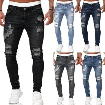 2020 Nové Mužov Roztrhlo Otvor Jeans Denim Nohavice Vrecká Tlačidlo Chudá Dlhé Nohavice Polovice Pás Hip Hop, Punk Slim-Fit Bežné Streetwear