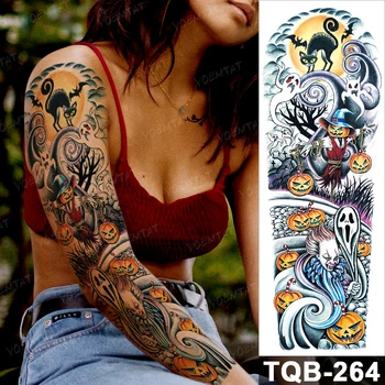 Veľké Prenos Dočasné Tetovanie Nálepky Halloween Tekvica Smajlík Black Cat Flash Tatto Ramena Body Art Falošné Rukáv Tetovanie Muž Žena