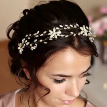 Svadobné Crystal Vlasy Kapely Ženy Listy Hlavový Most Pearl Flower Hairband Kovové Reťaze Dámske Svadobné Šperky Ornament Príslušenstvo