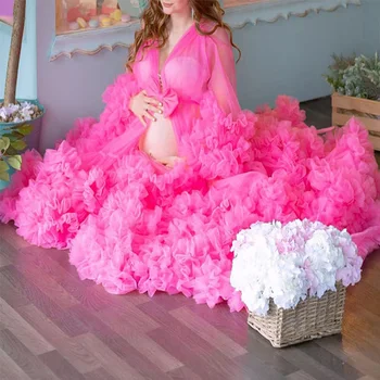 Hot Pink Dlho Tylu Materskej Rúcha Sexy Úplnej Rozstrapatené Skladaný Šaty Žien Fotenie Na Zákazku Plus Veľkosť Nightdress
