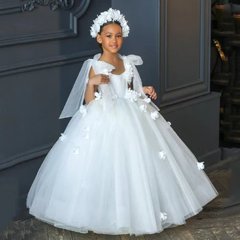 Jednoduchý Biely Kvet Dievča Šaty Nášivka A-line Deti Večer Sprievod Plášte Korálky na Prvé Sväté Prijímanie Šaty Pre Princov