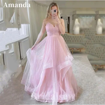 Amanda Princezná Baby Pink فساتين مناسبة رسمية Okraji Curl Prom Šaty 2023 Lesklé Špagety Popruh plesové Šaty, Vestidos De Noche