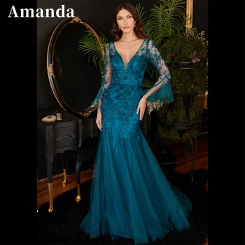 Amanda Luxusné Trúby Rukáv Vestidos De Noche Elegantné Sapphire Blue Prom Šaty Čipky Embroid Morská víla فساتين مناسبة رسمية