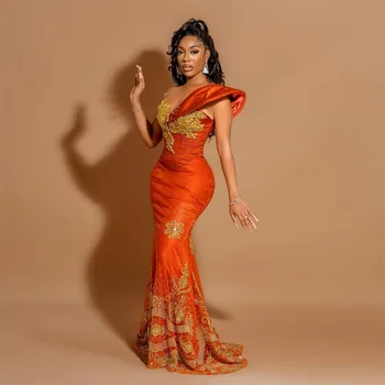 2023 Luxusné Lištovanie Morská Víla Šaty Ples Dlho Orange Korálkové Večerné Šaty Aso Ebi Južnej Afrike Ženy Svadobný Hosť Party Šaty