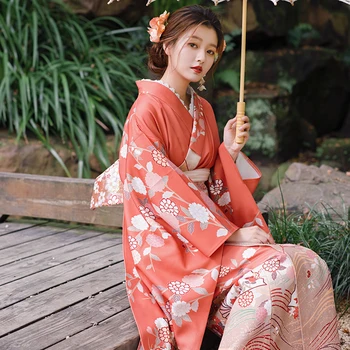 Japonské Tradičné Dlhý Rukáv Tradičné Kimono Vintage Štýl, Oranžovej Farby, Kvetinové Potlače Yukata Cosplay Nosiť Šaty Foto
