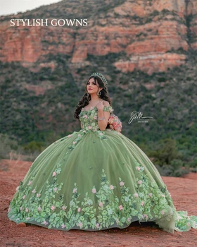 Očarujúce Zelená Ramena Plesové Šaty, Quinceanera Šaty Pre Dievčatá Ružové Kvety Narodeninovej Party Šaty Korálkové Prom Šaty