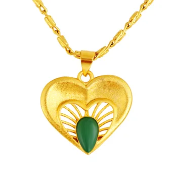 Klasické Žlté Zlato Farba Srdce Tvar Náhrdelník Prívesok Pre Ženy Zelený Drahokam Jade Prívesok Na Krk Reťaz Narodeniny Jemné Šperky