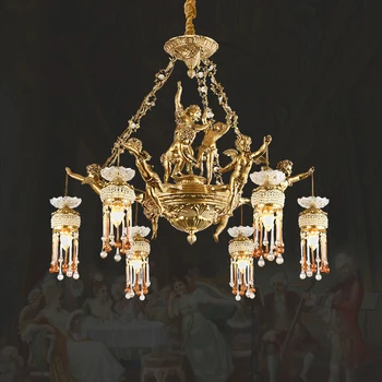 Francúzske Retro Gold Luxusné Crystal Medi Luster Anjel Dekorácie Osvetlenie Európskej Villa Obývacia Izba Mosadz Prívesok Na Čítanie