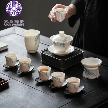 Su TO Keramické Suet Jade Čaj Nastaviť Tri Misy Bieleho Porcelánu A Šesť Šálok Kung Fu panda, Biely Porcelán, Čaj, Nastavený Pre Busi
