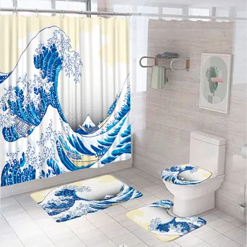 Japonský Ázijské Umenie Vlny Sprchový Záves Nastaviť Non-Slip Koberec, Wc Kryt Vaňa Mat Moderné Modrý Oceán Loď Sea, Kúpeľňa Záclony Domov