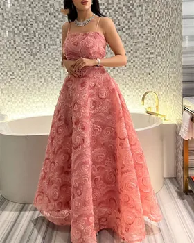 Ružová A-Line Špagety Popruhy Prom Šaty Členok Dĺžka S Kvetinou Večer Lete Elegantné Party Šaty Pre Ženy