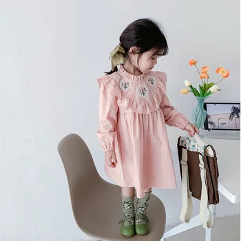 Kórejský Vintage Čipky, Baby, Dievčatá Šaty Jar Jeseň Nové Vyšívané Rozstrapatené Dlhým rukávom Detí Šaty Deti Šaty pre Dievčatá