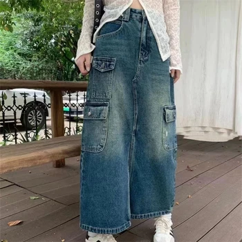 Ženské Multi Pocket Dizajn, Vysoký Pás Rovno Blue Denim Sukne Vintage Street Style Elegantné Ženy Split Polovice Dĺžka-line Sukne