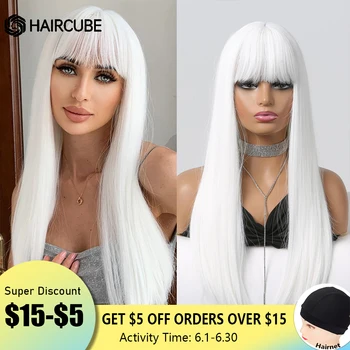HAIRCUBE Dlhé Biele Syntetické Parochňa s Ofinou Rovné Vlasy pre Biele Ženy prirodzene Vyzerajúce pre Denné Cosplay Tepelne Odolné Vlasy