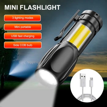 USB Prenosné LED Nabíjateľná Baterka 3 Svetelné Módy Dlhý Rad Camping Svetlo Mini Pochodeň Nepremokavé Postavený V Batéria
