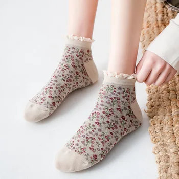 Harajuku Vintage Ženy Ponožky Japonskej Módy Kvetinový Tlač Roztomilý Krátke Ponožky Ženy JK Lolita Sladké Dievčatá Lacework Volánikmi Ponožky