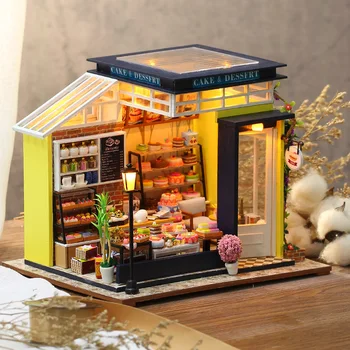 DIY Dom Miniatúrne s Nábytkom LED Model Stavebné kamene, Drevené Hračky pre Deti Casa De Boneca DIY Cake Shop Ich