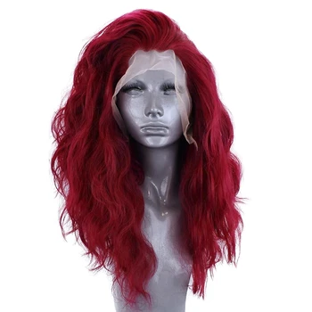 Červené Dlhé Vlnité Predné Čipky Parochne pre Ženy Vlasy Syntetické Parochne Čipky Front Prírodné Vlny Parochne Bočné Časti Rany 16 Palcov