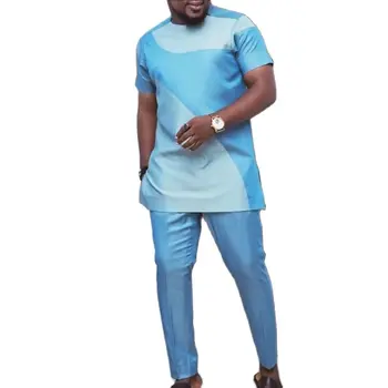 Svetlo Modrá Patchwork T-Shirt Krátkym Rukávom pánske Nastaviť Letné Topy+Pevné Nohavice na Mieru Cool Textílie Muž Svadobné Oblečenie
