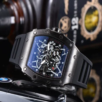 2023 mužov RM vysoko kvalitné diamantové quartz hodinky duté sklenené späť z nerezovej ocele sledovať čierna guma