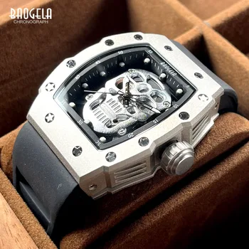 BAOGELA Silver Black Watch Mužov Vojenské Športové Náramkové hodinky Quartz s Tonneau Kostra Dial Svietiace Ručičky Silikónové Popruh 4141