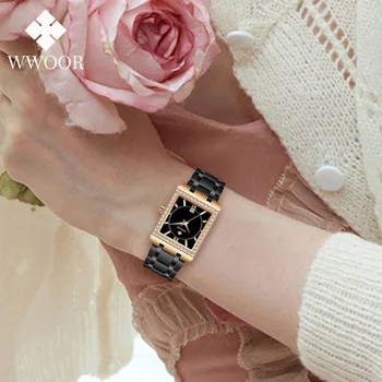 WWOOR Diamond Elegantné Ženy Sledovať Rose Black Fashion Dámske Quartz Náramok Náramkové hodinky z Nerezovej Ocele Luxusné Žena Reloj Mujer