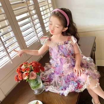 Elegantné Dievčatá Kvety Šifón Šatka Šaty 2023 Letné Nový Kórejský Príležitostné Bez Rukávov Vrstvený Oka Dolný Lem Princezná Šaty
